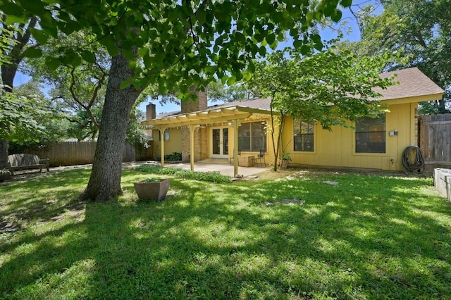 12025 Wycliff Ln, Austin, TX 78727 - back of house with a chimney, a pergola, a fenced backyard, and a patio