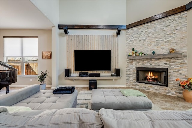 402 Dry Gulch Bnd, Cedar Park, TX 78613 - living room with baseboards and a stone fireplace