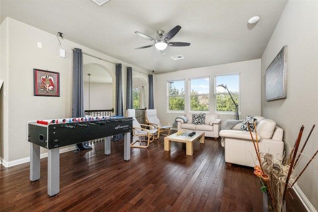 402 Dry Gulch Bnd, Cedar Park, TX 78613 - playroom featuring ceiling fan, dark wood-type flooring, baseboards, and arched walkways