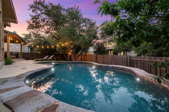 402 Dry Gulch Bnd, Cedar Park, TX 78613 - pool at dusk featuring a patio area and a fenced backyard
