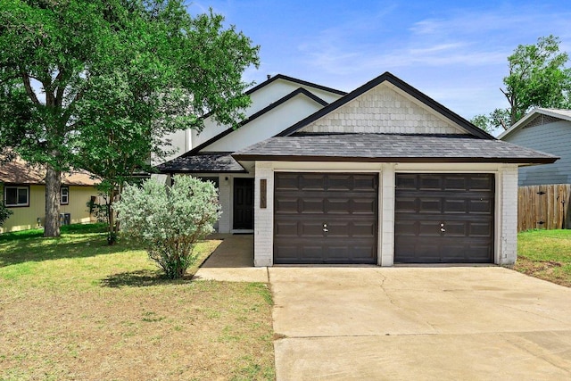 view of front of property featuring concrete driveway, a garage, brick siding, and a shingled roof