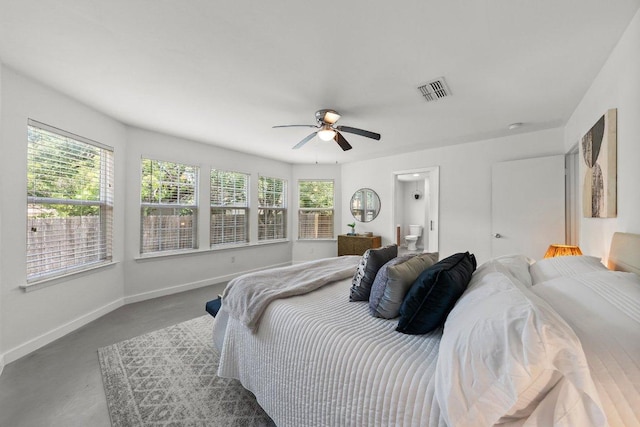 bedroom featuring baseboards, a ceiling fan, connected bathroom, and carpet floors
