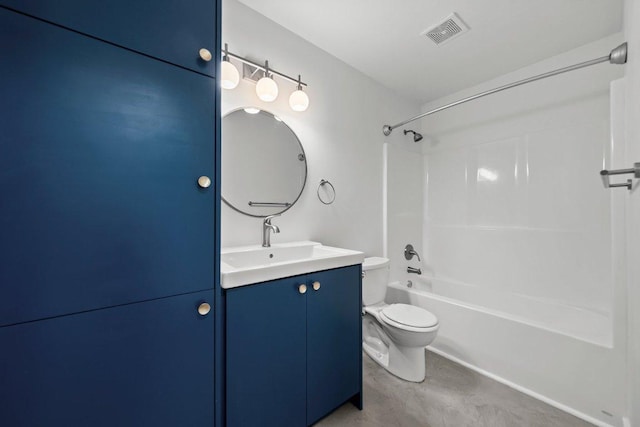 bathroom with toilet, vanity, washtub / shower combination, and concrete flooring