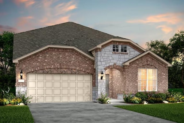 13404 Lapoynor St, Manor, TX 78653 - view of front of home featuring concrete driveway, an attached garage, roof with shingles, and brick siding