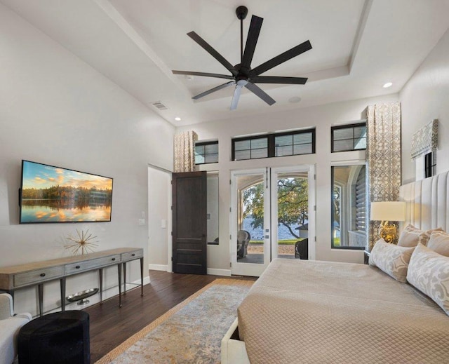 2510 Belaire E Ln, Granite Shoals, TX 78654 - bedroom featuring wood finished floors, access to outside, baseboards, recessed lighting, and a towering ceiling