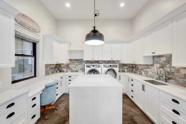 2510 Belaire E Ln, Granite Shoals, TX 78654 - washroom featuring washer and clothes dryer, cabinet space, recessed lighting, and a desk