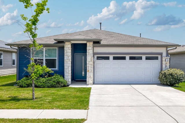 7812 City Top Blvd, Austin, TX 78724 - ranch-style house featuring driveway, stone siding, an attached garage, a front lawn, and roof with shingles