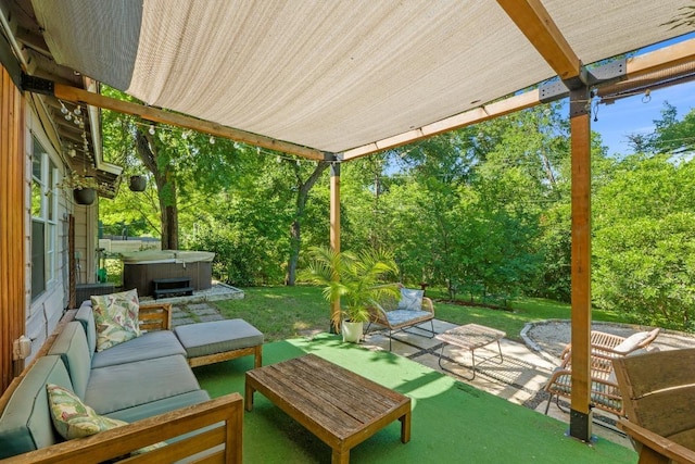 5105 Stone Gate Dr, Austin, TX 78721 - view of patio featuring a hot tub, an outdoor living space, and view of scattered trees