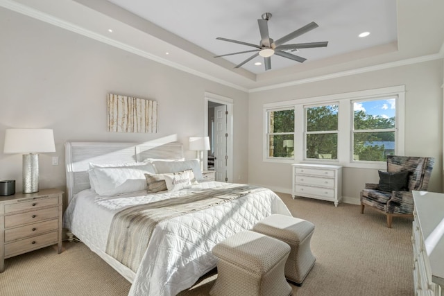1107 Challenger, Lakeway, TX 78734 - bedroom with a tray ceiling, light carpet, crown molding, recessed lighting, and ceiling fan