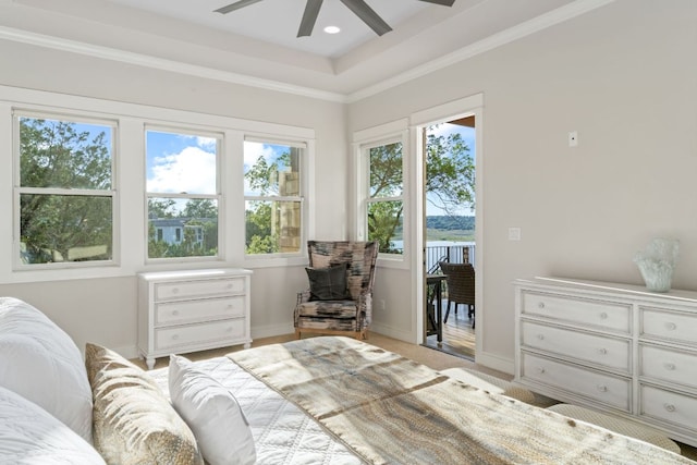 1107 Challenger, Lakeway, TX 78734 - bedroom with access to exterior, multiple windows, a ceiling fan, and ornamental molding