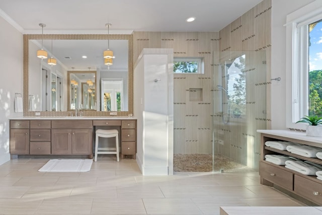 1107 Challenger, Lakeway, TX 78734 - full bathroom with a stall shower, vanity, ornamental molding, recessed lighting, and tile patterned floors