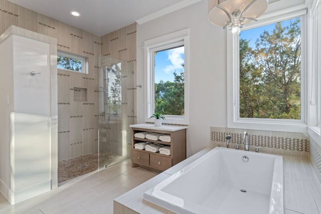 1107 Challenger, Lakeway, TX 78734 - full bath featuring a shower stall, a garden tub, vanity, tile patterned floors, and crown molding
