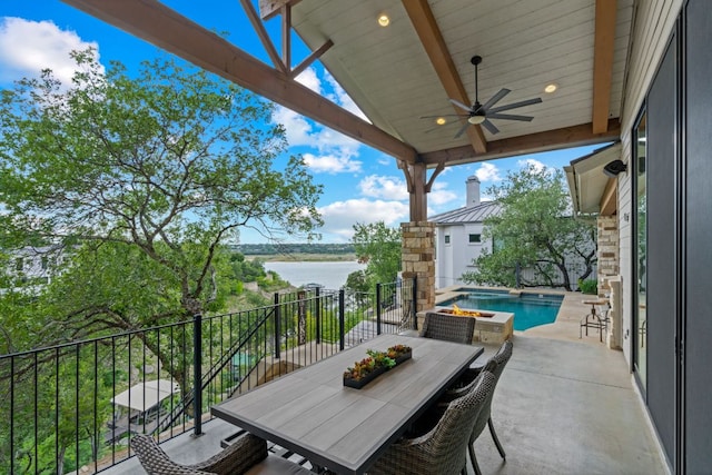 1107 Challenger, Lakeway, TX 78734 - patio / terrace with a water view, a ceiling fan, and outdoor dining space