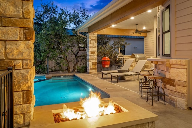 1107 Challenger, Lakeway, TX 78734 - view of pool with an outdoor fire pit, a patio area, a grill, and ceiling fan