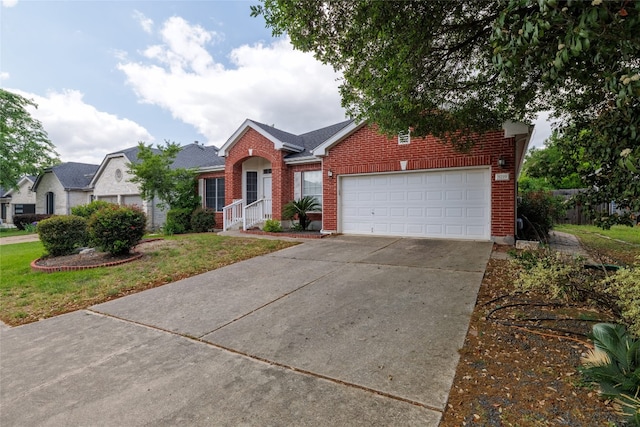 5219 Moon Shadow Dr, Austin, TX 78735 - view of front of home featuring brick siding, concrete driveway, a garage, and a front yard