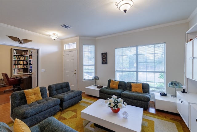 5219 Moon Shadow Dr, Austin, TX 78735 - living area featuring crown molding, wood finished floors, and a desk