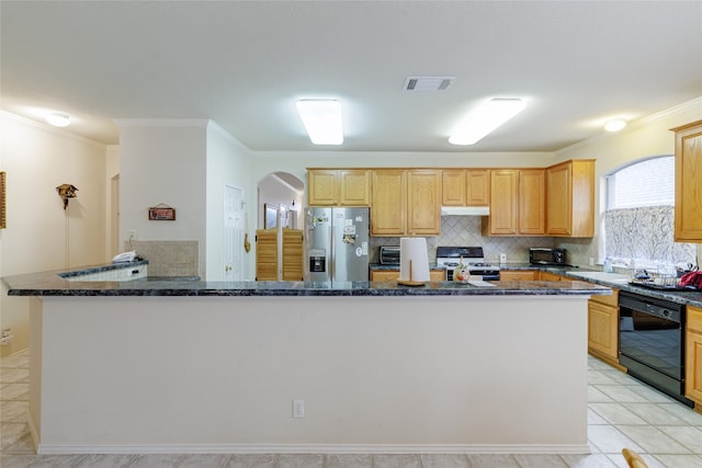 5219 Moon Shadow Dr, Austin, TX 78735 - kitchen featuring stainless steel fridge, white range with gas stovetop, black dishwasher, crown molding, and tasteful backsplash