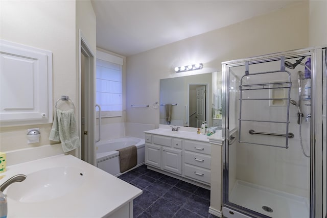 5219 Moon Shadow Dr, Austin, TX 78735 - full bath with a shower stall, vanity, a bath, and tile patterned floors