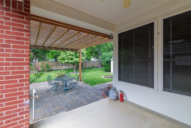 5219 Moon Shadow Dr, Austin, TX 78735 - view of patio / terrace with outdoor dining space, a pergola, and a ceiling fan