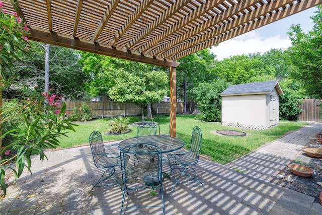 5219 Moon Shadow Dr, Austin, TX 78735 - view of patio / terrace with outdoor dining space, a shed, a pergola, and an outdoor structure