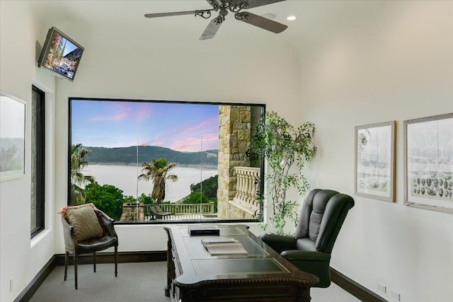 12861 Hughes Park Rd, Austin, TX 78732 - carpeted office with baseboards, ceiling fan, healthy amount of natural light, a water view, and recessed lighting