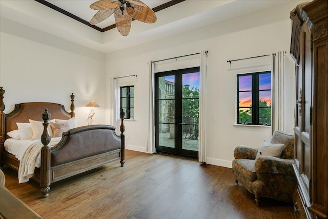 12861 Hughes Park Rd, Austin, TX 78732 - bedroom featuring ornamental molding, access to outside, baseboards, wood finished floors, and a ceiling fan