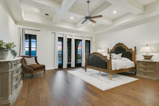 12861 Hughes Park Rd, Austin, TX 78732 - bedroom with access to outside, coffered ceiling, wood finished floors, beamed ceiling, and recessed lighting