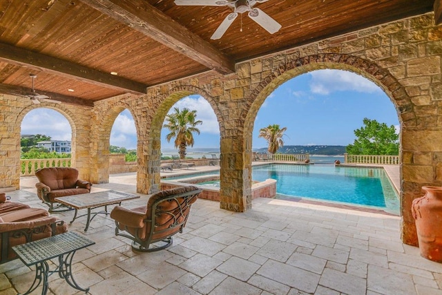12861 Hughes Park Rd, Austin, TX 78732 - view of patio / terrace featuring ceiling fan and a pool with connected hot tub