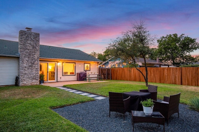 8907 Hunters Trce, Austin, TX 78758 - rear view of house featuring a patio area, a chimney, and roof with shingles