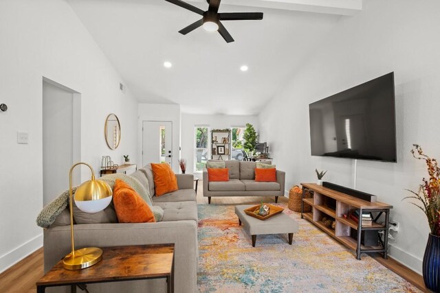 8907 Hunters Trce, Austin, TX 78758 - living area featuring a ceiling fan, wood finished floors, recessed lighting, baseboards, and high vaulted ceiling