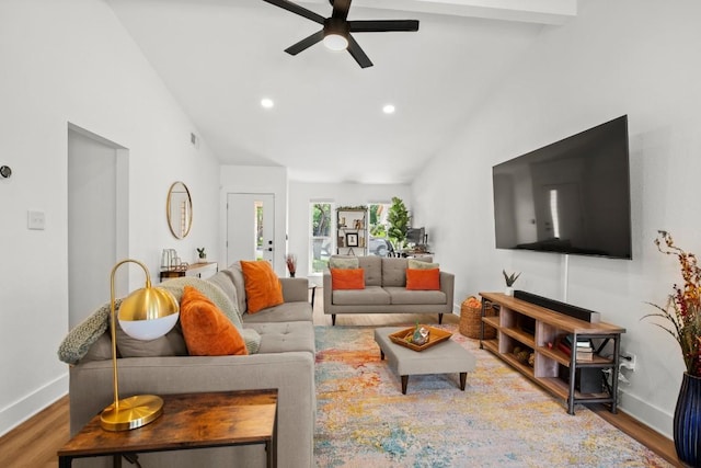 8907 Hunters Trce, Austin, TX 78758 - living room featuring a ceiling fan, wood finished floors, recessed lighting, and high vaulted ceiling
