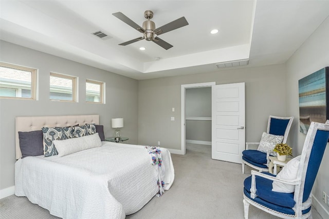 705 E 49th St Unit A, Austin, TX 78751 - bedroom featuring light carpet, a raised ceiling, recessed lighting, and ceiling fan