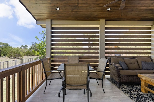 138 Prism Cv, Dripping Springs, TX 78620 - balcony featuring outdoor dining space, ceiling fan, outdoor lounge area, and a patio area