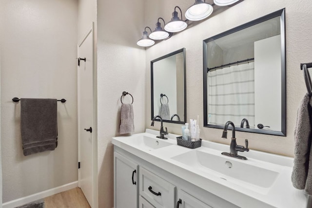 10730 N Platt River Dr, Austin, TX 78748 - full bath featuring wood finished floors, double vanity, and a textured wall