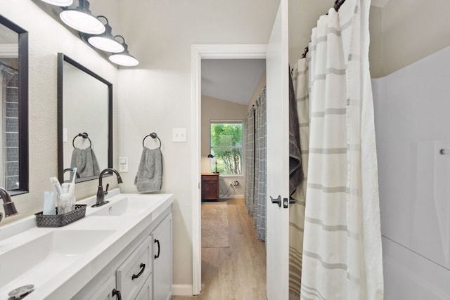 10730 N Platt River Dr, Austin, TX 78748 - full bath featuring lofted ceiling, wood finished floors, double vanity, and a shower with curtain