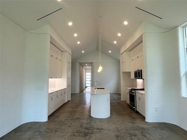 204 Blue Blaze Trl, Georgetown, TX 78628 - kitchen with appliances with stainless steel finishes, concrete flooring, a center island with sink, white cabinets, and lofted ceiling