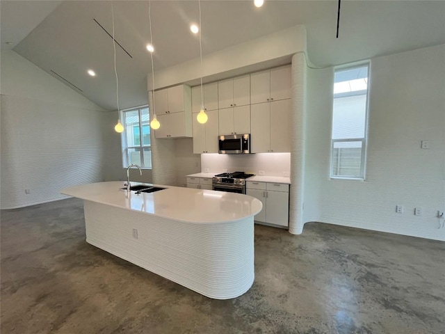 204 Blue Blaze Trl, Georgetown, TX 78628 - kitchen with appliances with stainless steel finishes, a sink, finished concrete flooring, a kitchen island with sink, and white cabinetry