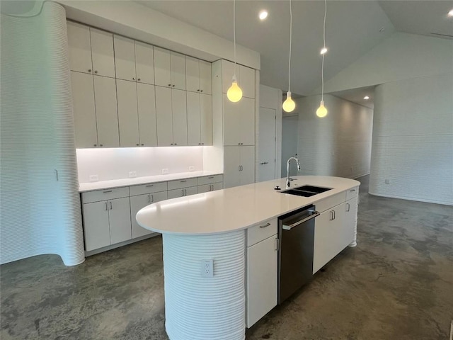 204 Blue Blaze Trl, Georgetown, TX 78628 - kitchen with finished concrete flooring, dishwasher, a sink, light countertops, and lofted ceiling