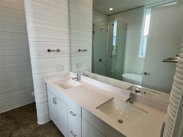 221 Blue Blaze Trl, Georgetown, TX 78628 - bathroom featuring a shower stall and double vanity
