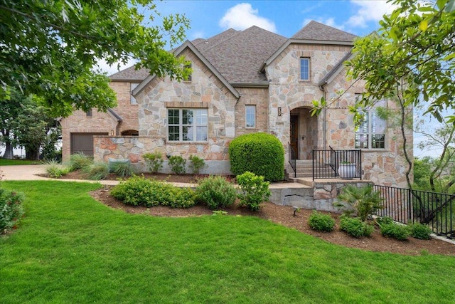 457 Santaluz Ln, Austin, TX 78732 - french country style house featuring a shingled roof and stone siding