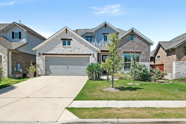 433 Vista Portola Loop, Liberty Hill, TX 78642 - view of front facade featuring board and batten siding, stone siding, a front yard, concrete driveway, and a garage