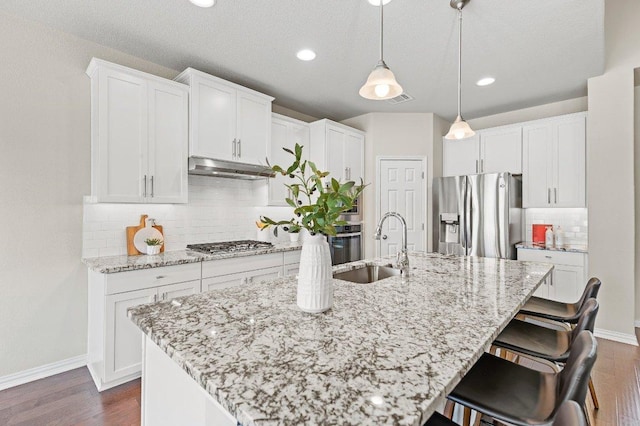 433 Vista Portola Loop, Liberty Hill, TX 78642 - kitchen featuring appliances with stainless steel finishes, a sink, under cabinet range hood, an island with sink, and baseboards
