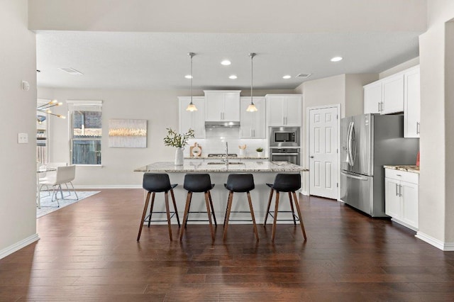 433 Vista Portola Loop, Liberty Hill, TX 78642 - kitchen featuring appliances with stainless steel finishes, under cabinet range hood, backsplash, a breakfast bar, and recessed lighting