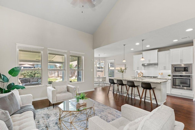 433 Vista Portola Loop, Liberty Hill, TX 78642 - living room with dark wood-style floors, recessed lighting, high vaulted ceiling, a ceiling fan, and baseboards