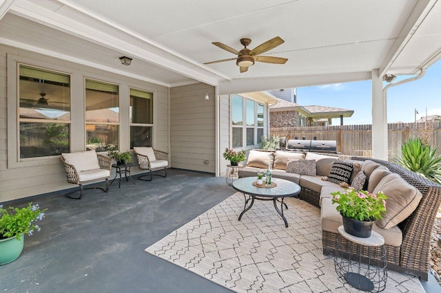 433 Vista Portola Loop, Liberty Hill, TX 78642 - view of patio / terrace with area for grilling, fence, ceiling fan, and outdoor lounge area