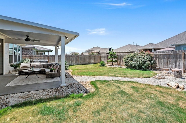 433 Vista Portola Loop, Liberty Hill, TX 78642 - view of yard with an outdoor living space, a ceiling fan, and a patio area