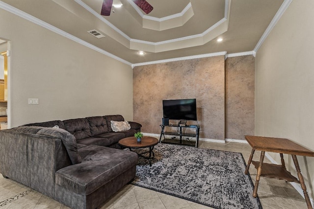 1420 Gomer Ln, Harker Heights, TX 76548 - living room with ornamental molding, ceiling fan, a raised ceiling, and tile patterned flooring