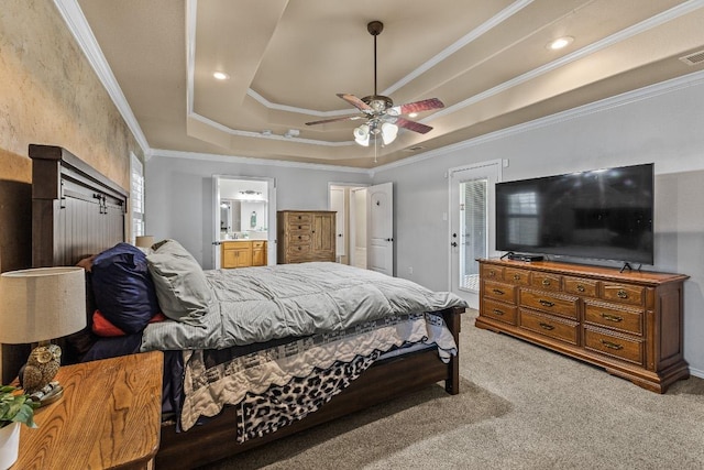 1420 Gomer Ln, Harker Heights, TX 76548 - bedroom featuring a raised ceiling, light carpet, crown molding, ensuite bath, and a ceiling fan