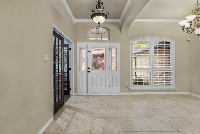 1420 Gomer Ln, Harker Heights, TX 76548 - foyer with crown molding, a chandelier, and plenty of natural light