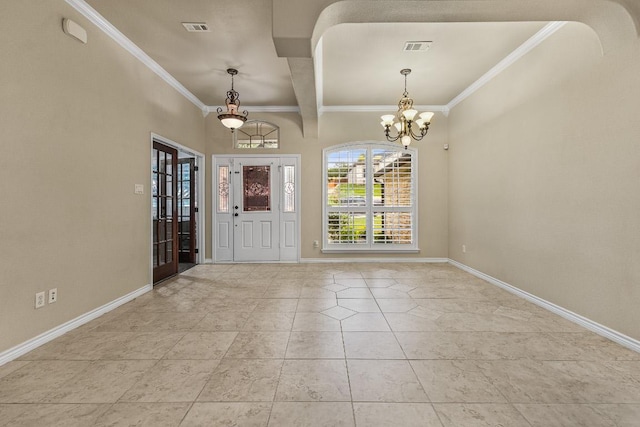 1420 Gomer Ln, Harker Heights, TX 76548 - entrance foyer featuring a chandelier, crown molding, beamed ceiling, and light tile patterned flooring